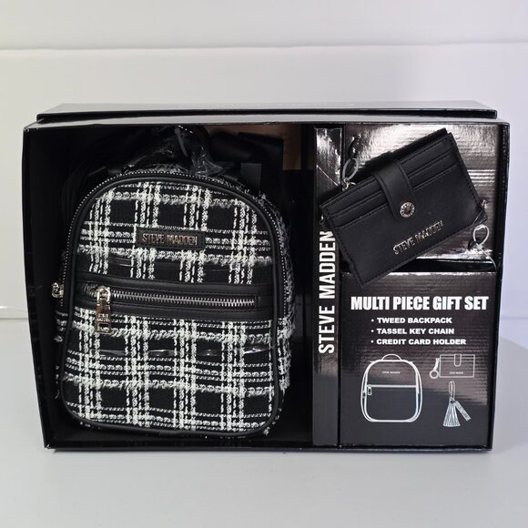 NWT Steve Madden Backpack Black/White Tweed Plaid Mini - Picture 1 of 8